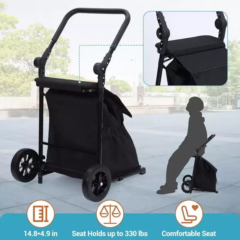 Chariot utilitaire pliable 2-en-1 Acekool avec sac étanche amovible, coussin d’assise épais et poignée réglable antidérapante, noir