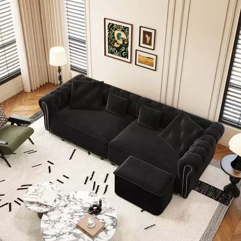 Whisen Samt-Schlafsofa in King-Size mit Ausziehfunktion und 3-in-1-Funktion, wandelbares Schlafsofa mit beweglichem Hocker und Steppdesign