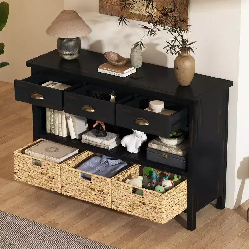 Console d’entrée avec rangement, table de couloir de style champêtre avec 3 tiroirs et 3 paniers en jacinthe d’eau pour le salon ou le vestibule – Panipeachy