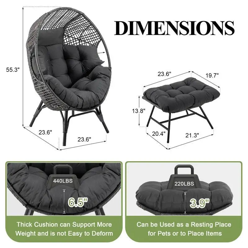 Fauteuil œuf d’intérieur FINCATI, fauteuil œuf d’extérieur supportant 440 lbs, fauteuil œuf surdimensionné avec pouf, fauteuil œuf luxueux et confortable avec repose-pieds