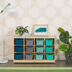 Meuble mobile à plateaux avec casiers et 15 bacs frontaux à ouverture en forme de cuillère, 3 x 4, mobilier pour enfants