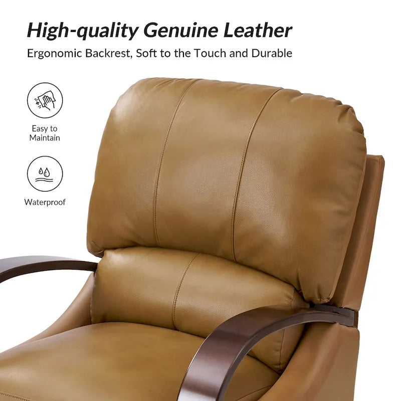 Alex moderner Relaxsessel im Mid-Century-Stil aus echtem Zigarrenleder mit manueller Verstellung und geschwungenen Holzarmlehnen