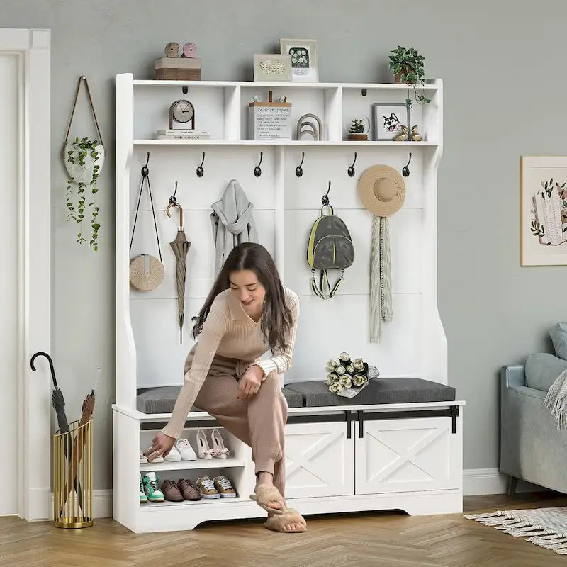 Hall Tree With Bench And Shoe Storage Coat Rack Barn Door