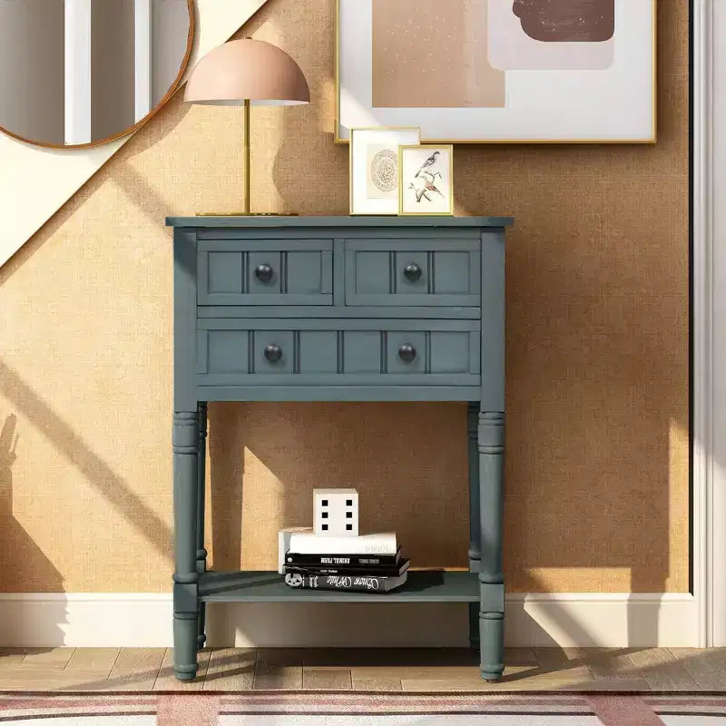 Smalle consoletafel van 60,2 cm met 3 laden en plank, sofatafel voor kleine entrees of woonkamers