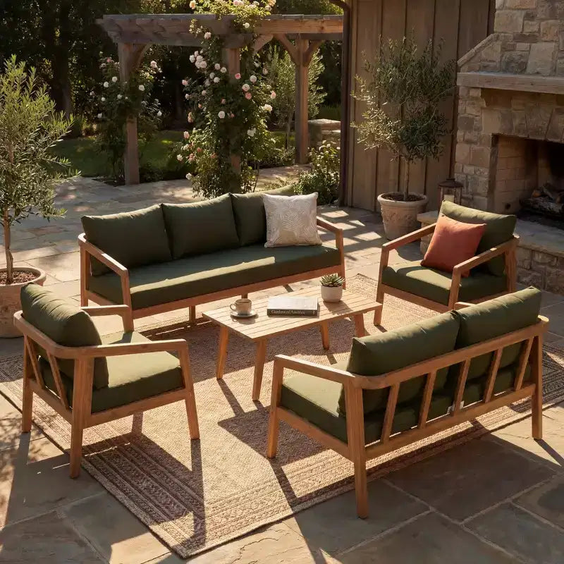 Christopher Knight Home Sunny Modernes 5-teiliges Sitzset aus Akazienholz mit rechteckigem Tisch mit Lattenplatte und 7 Sitzplätzen