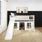 Twin Over Twin Low Bunk With Easy Slide & Black & White Farmhouse Curtain
