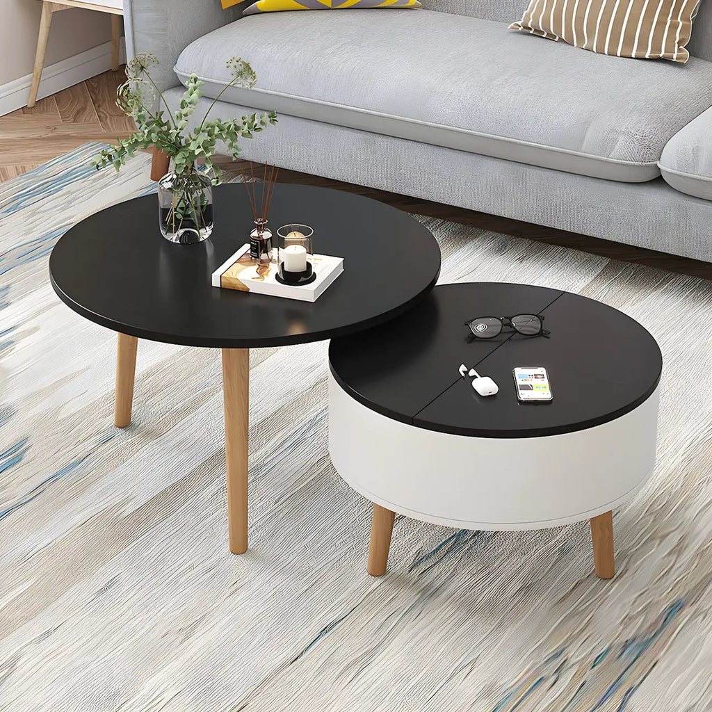 Moderner runder Couchtisch aus schwarzem und weißem Holz mit Stauraum
