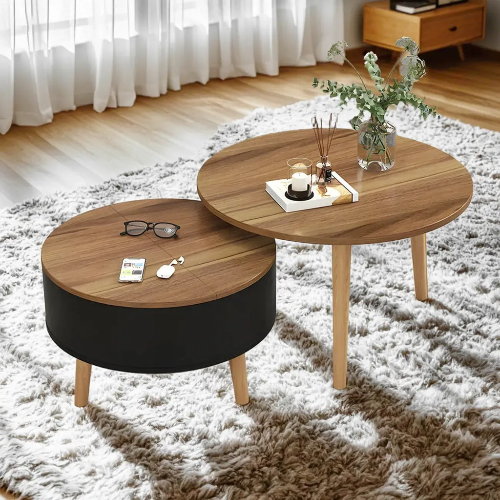 Moderner runder Couchtisch aus schwarzem und weißem Holz mit Stauraum