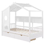 Holzhausbett in Twin-/Full-Größe mit 2 Schubladen, Kinderbett mit Ablagefach – ModernLuxe