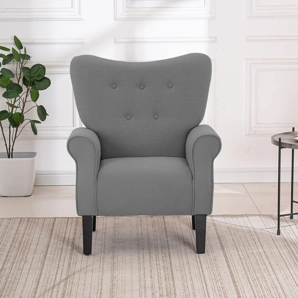 Erommy moderne accentstoel, fauteuil met hoge rugleuning, gestoffeerde stoffen fauteuil met knopen en houten poten voor de woonkamer