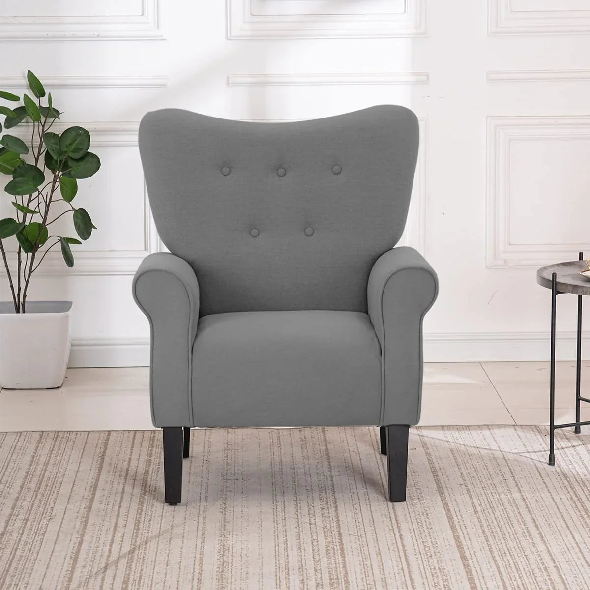 Erommy moderne accentstoel, fauteuil met hoge rugleuning, gestoffeerde stoffen fauteuil met knopen en houten poten voor de woonkamer