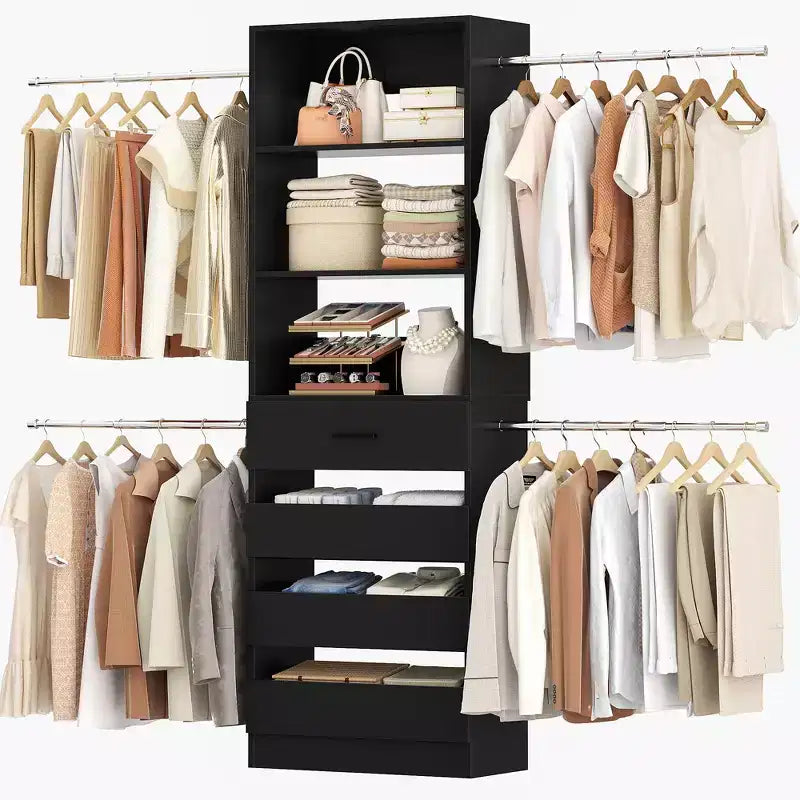 Besiost Holz-Kleiderschrank-Organizersystem für 1,2–2,7 m mit 4 Schubladen, 4 Kleiderstangen und Regaltürmen