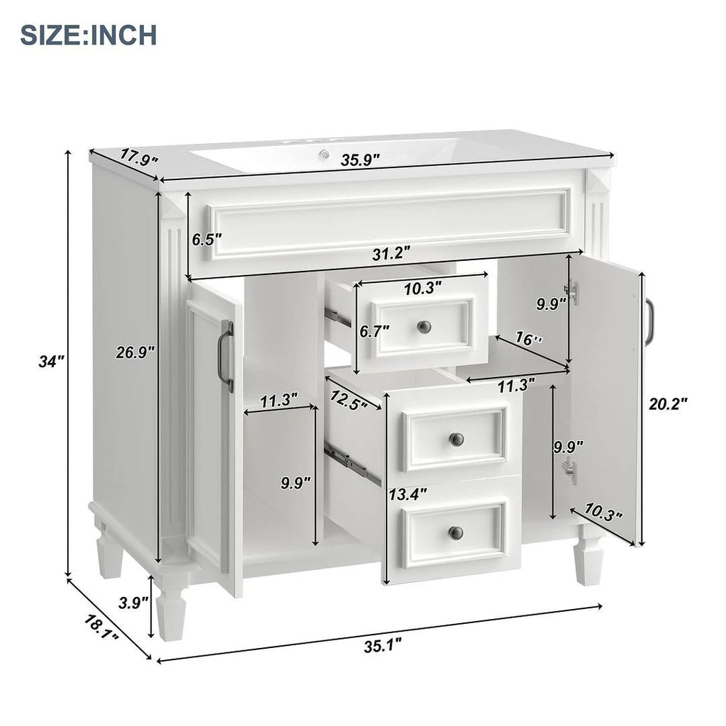 Meuble-lavabo moderne de salle de bains de 36 po avec vasque sur plan, armoire à miroir, 2 portes et 2 tiroirs