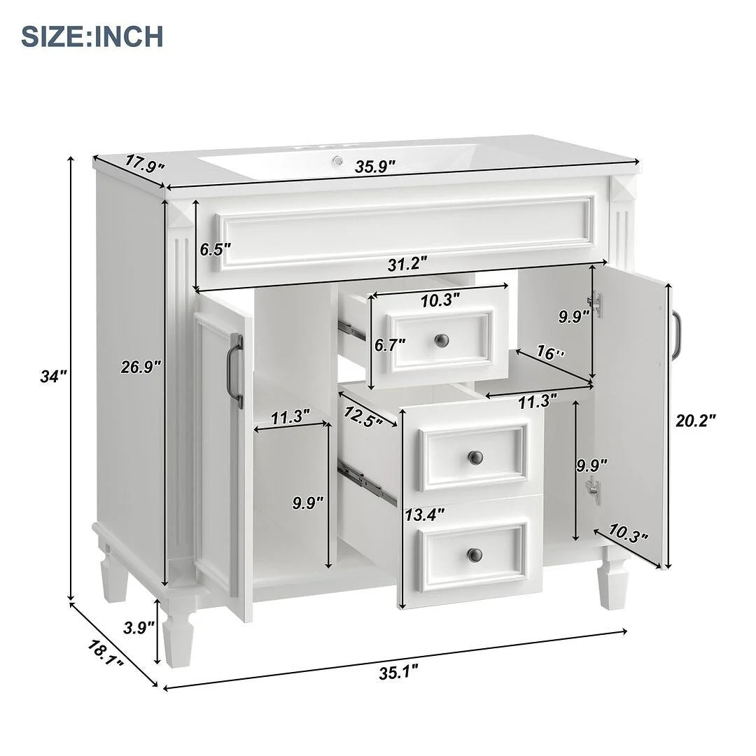Meuble-lavabo moderne de salle de bains de 36 po avec vasque sur plan, armoire à miroir, 2 portes et 2 tiroirs