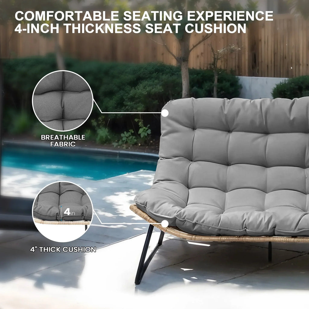 Fauteuil double Papasan avec coussin, rotin PE toutes saisons et structure en métal, pour intérieur et extérieur