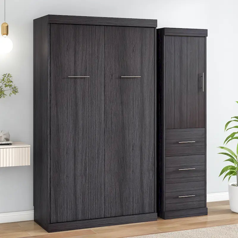 Graues klappbares Schrankbett mit Kleiderschrank und 3 Schubladen, Doppelbett/Einzelbett, für 1 Person