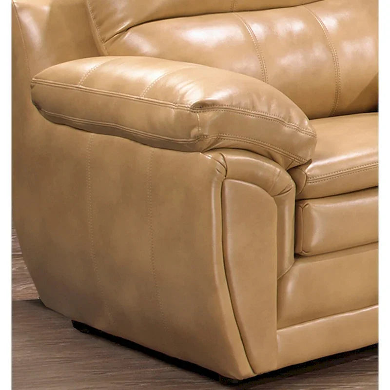 Simon Sofagarnitur aus hellbraunem Lederimitat mit Ledergel, bestehend aus Sofa, Loveseat und Sessel