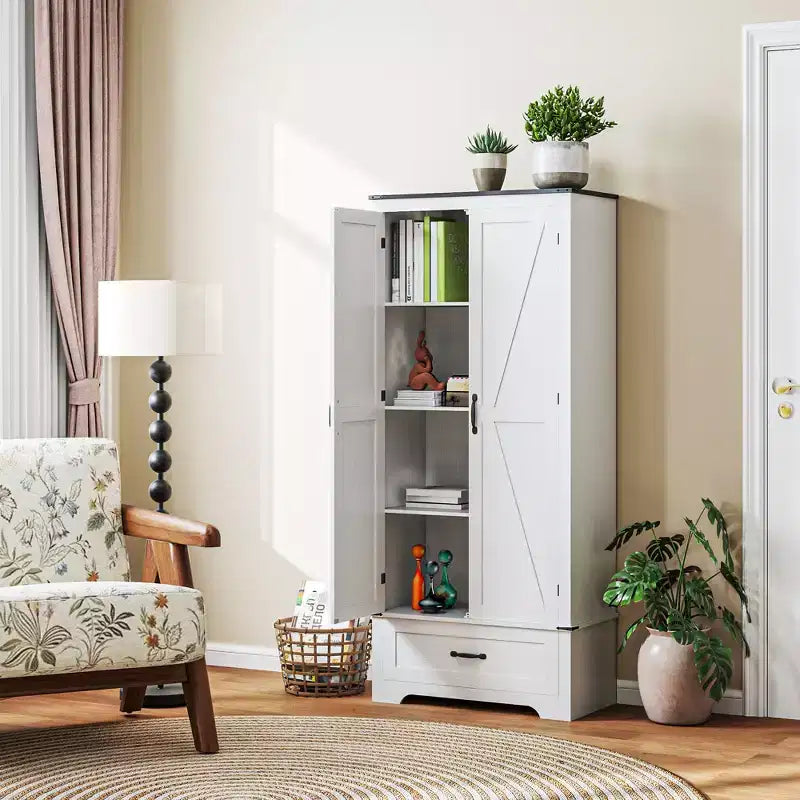HOMCOM 72 Landhaus-Speisekammernschrank mit Scheunentüren, hoher Küchenschrank mit verstellbaren Einlegeböden und Schublade