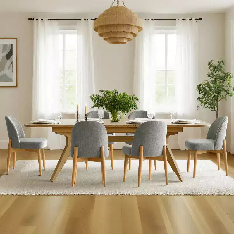7-delige eetkamerset, uitschuifbare tafel van 78-96 inch met schraagonderstel en gestoffeerde stoelen met poten van massief hout-Panipeachy