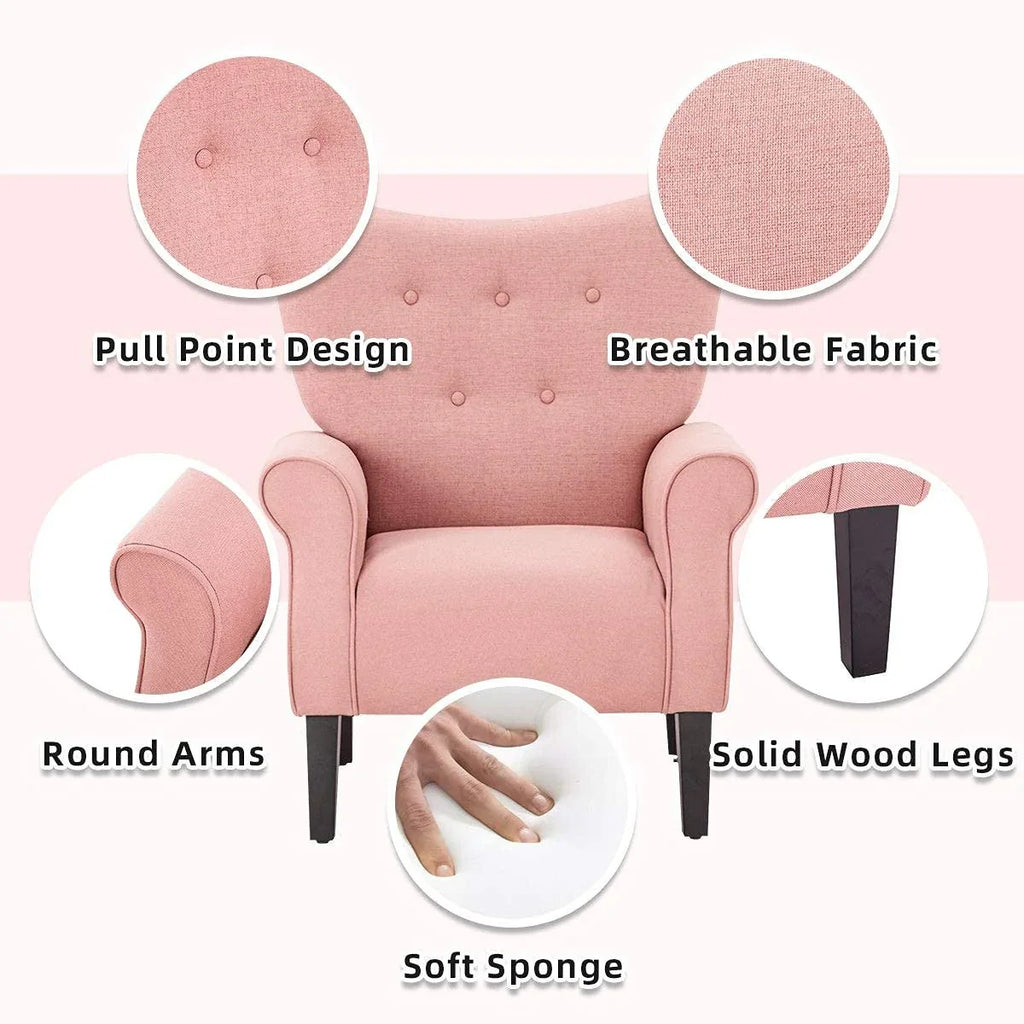Erommy moderne accentstoel, fauteuil met hoge rugleuning, gestoffeerde stoffen fauteuil met knopen en houten poten voor de woonkamer
