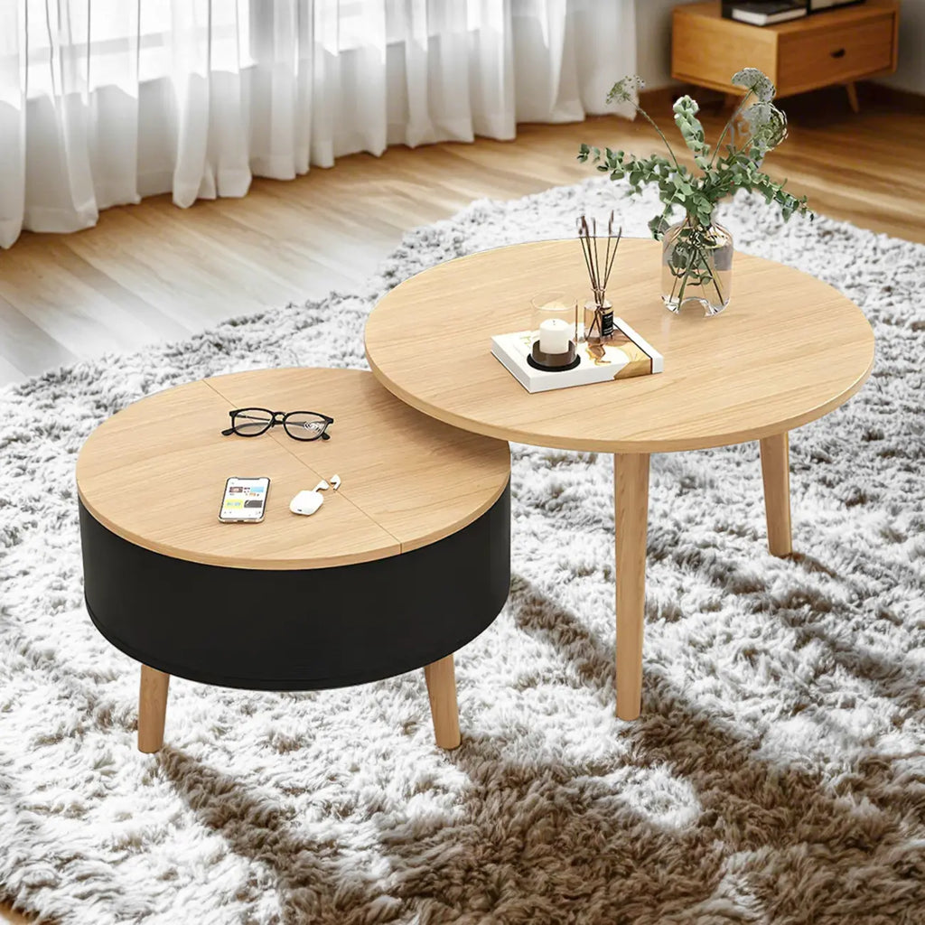 Moderner runder Couchtisch aus schwarzem und weißem Holz mit Stauraum