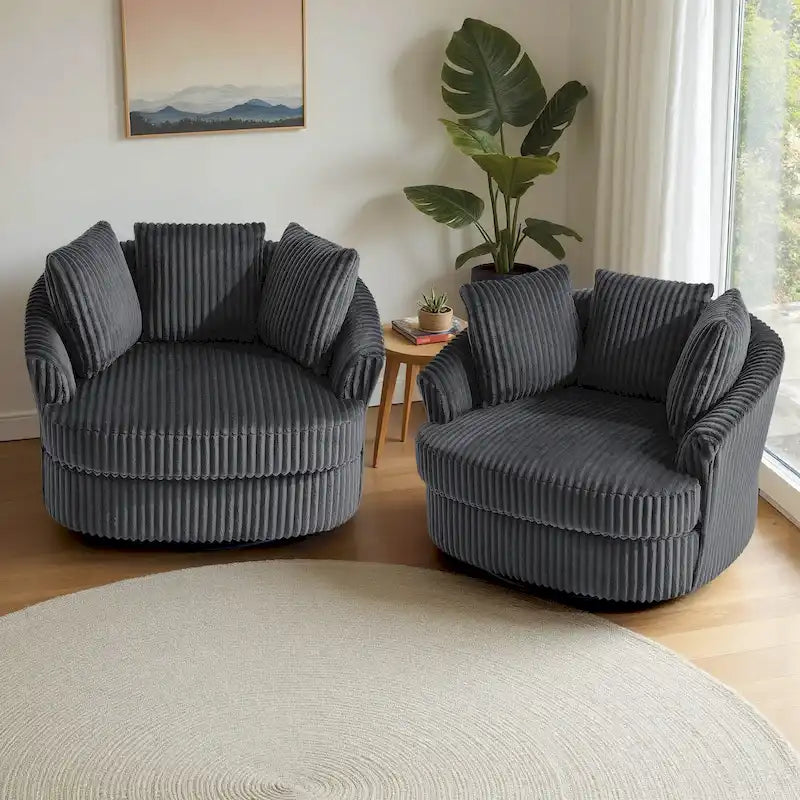 Set van 2 extra brede draaifauteuils van 43 W met zachte corduroybekleding en kussens