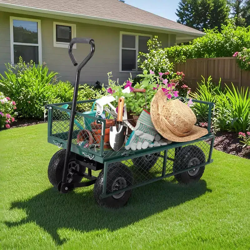 Chariot de jardin en acier robuste, 226,8 kg, chariot utilitaire pliable avec côtés en filet et doublure amovibles, 10 pneus gonflables, poignée de traction
