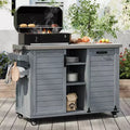 FAMYYT 78.3-Inch Outdoor Kitchen Island with Stainless Steel Countertop, Foldable BBQ Station, and Storage Cabinets, Grey Blue