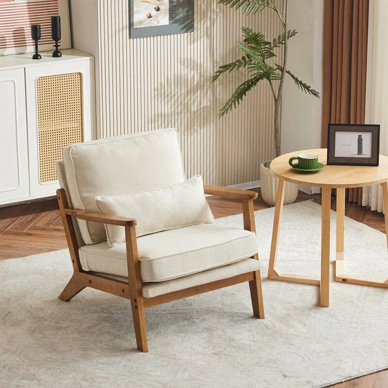 Polster-Sessel aus Leinenmischgewebe mit Holzbeinen und einem Kissen, Beige