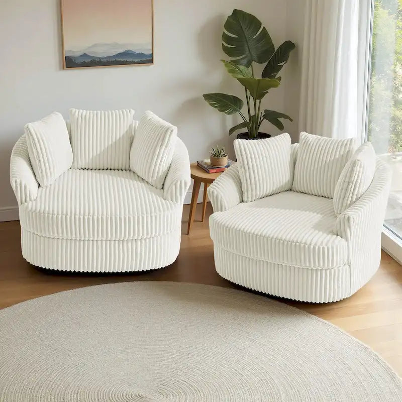 Set van 2 extra brede draaifauteuils van 43 W met zachte corduroybekleding en kussens