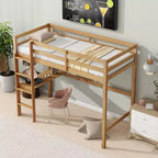 Okak Hochbett im minimalistischen Loft-Stil mit Leiter, Hochbett aus Gummibaumholz für eine Person mit Sicherheitsgeländer und integriertem Schreibtisch, Bettgestell für Kinder und Jugendliche